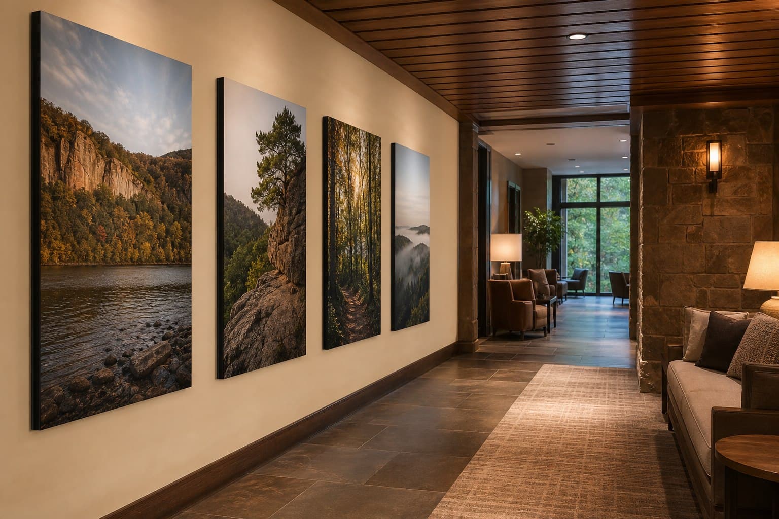 Coordinated landscape panels in a warm commercial interior
