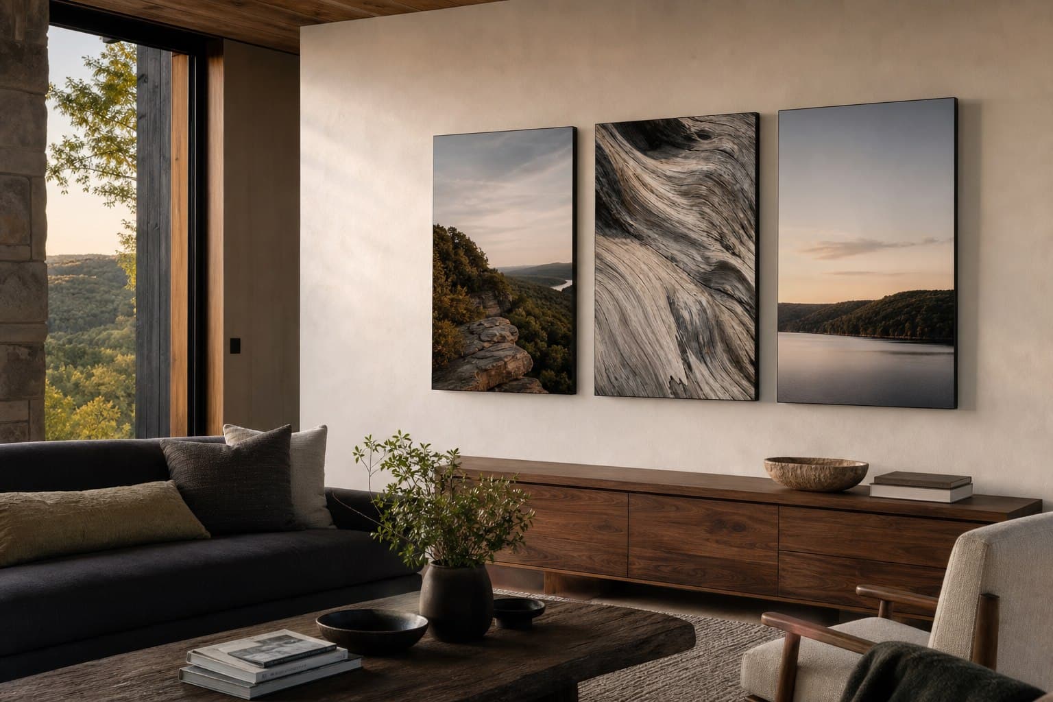 Gallery-style landscape panels in a refined Ozarks living room